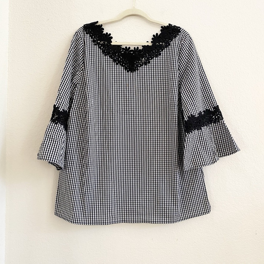 Chicos Black/White Gingham 3/4 Sleeve Size 3 XL Lace Trim Bell Sleeve Top